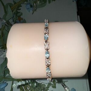 Vintage Gold Plated 925 Sterling Silver Blue Topaz & Diamond Chip 8" Bracelet